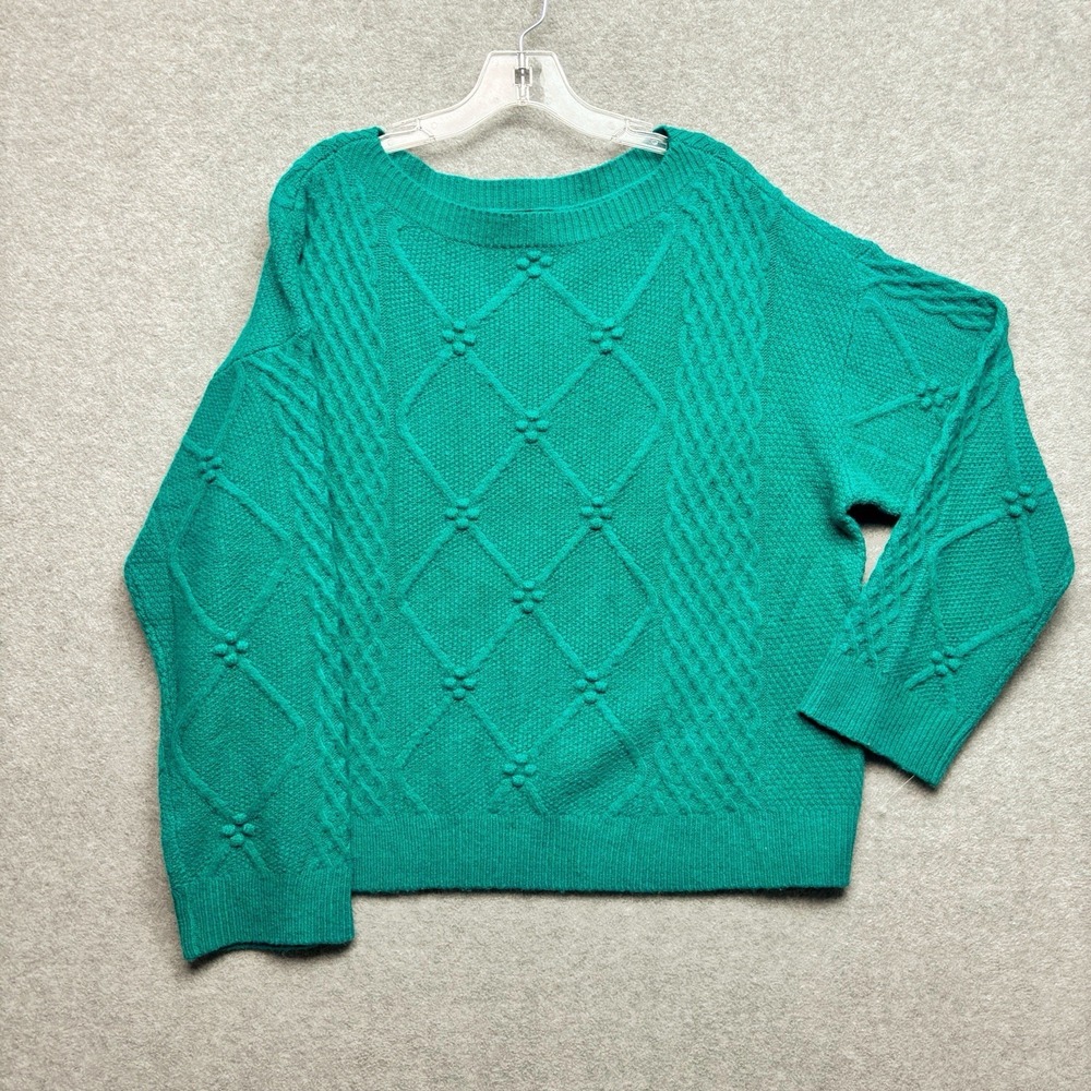 Ann Taylor Relaxed Cable Knit Sweater XL Teal Fisherman 90s‎ Boatneck